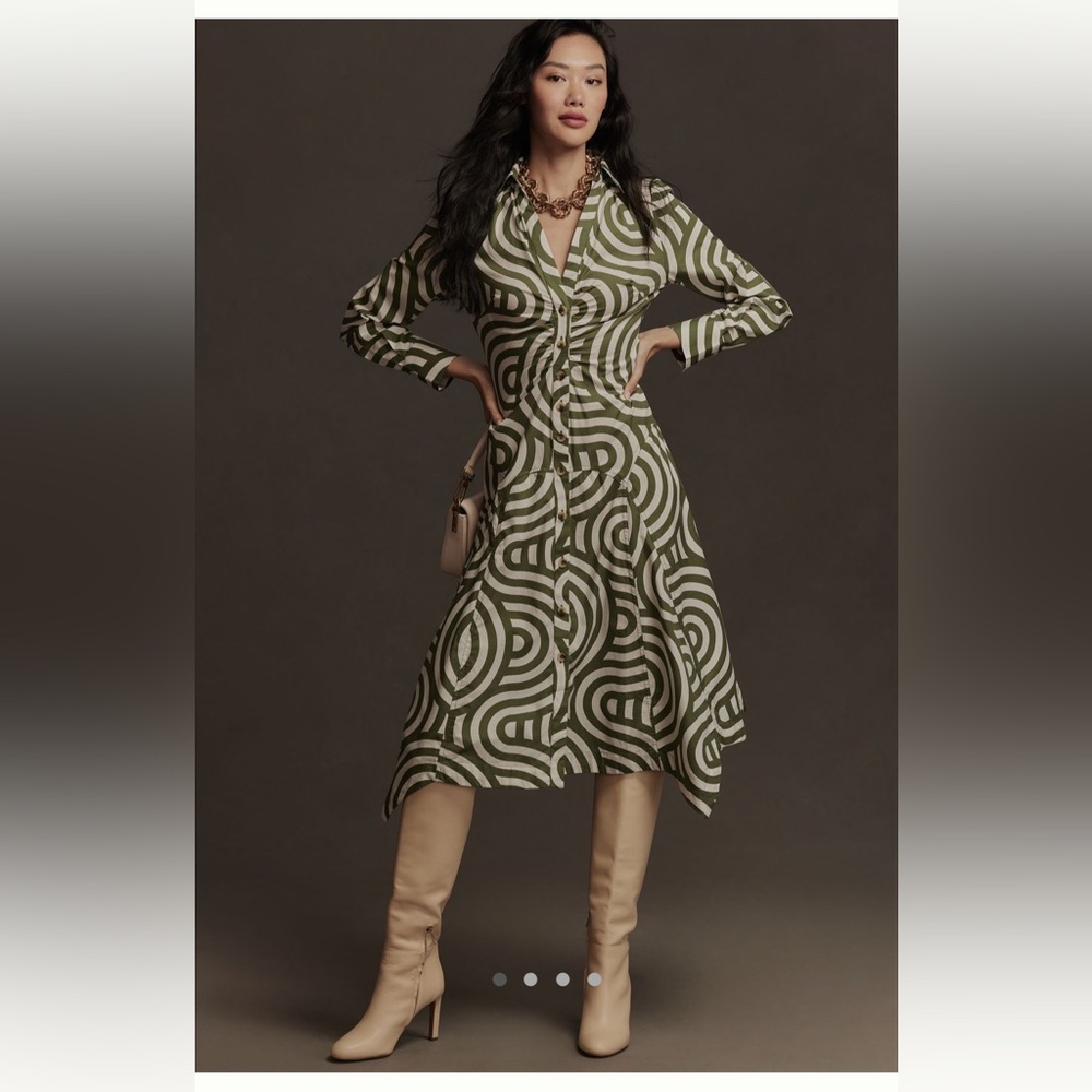 Anthropologie Olive Swirl Long Sleeve Poplin Shirt Dress
NWT Size US 4